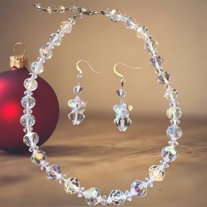 Vintage Austrian Aurora Borealis Crystal Necklace with Earrings